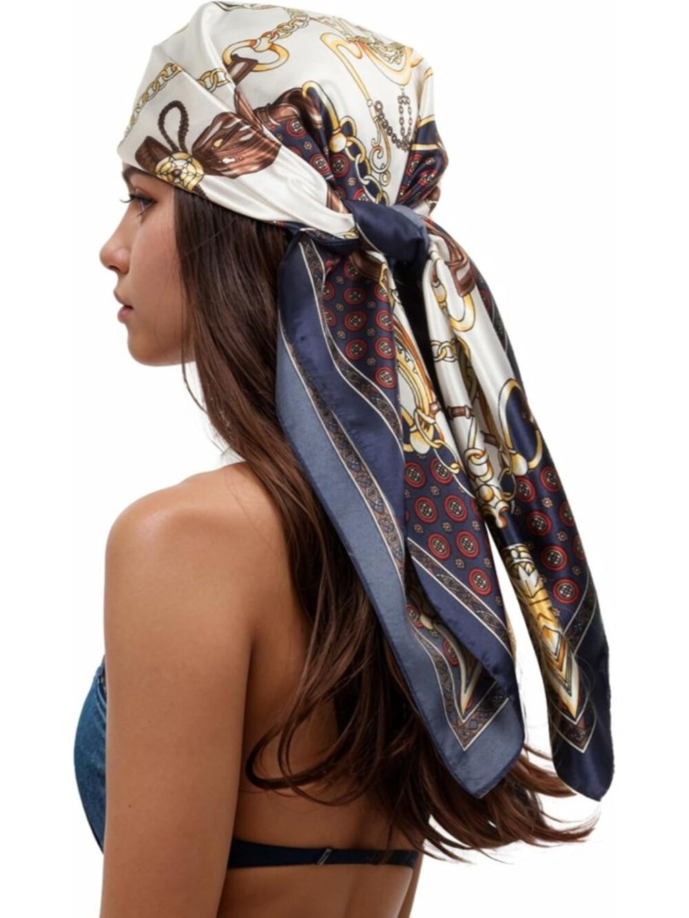 Women's Navy Gold Printed Square Scarf Bandanas Hair Scarf 35 Inches